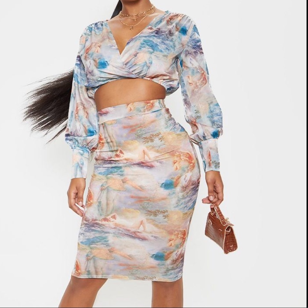 Blue Rennaisance Print Slinky Midi Skirt
